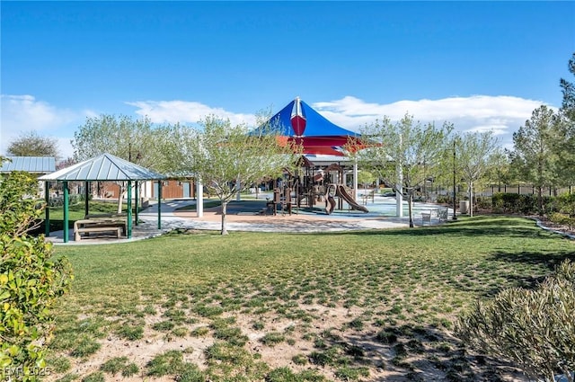 community playground featuring a gazebo and a lawn