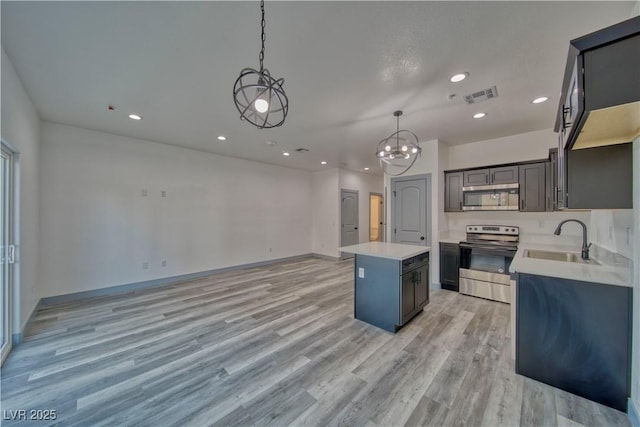 kitchen with visible vents, a kitchen island, appliances with stainless steel finishes, light countertops, and a sink
