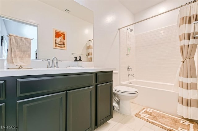 bathroom featuring tile patterned floors, toilet, shower / tub combo with curtain, and vanity