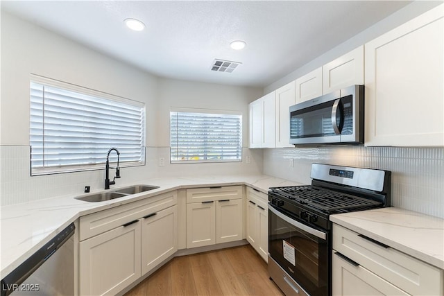 kitchen with appliances with stainless steel finishes, a sink, visible vents, and white cabinetry