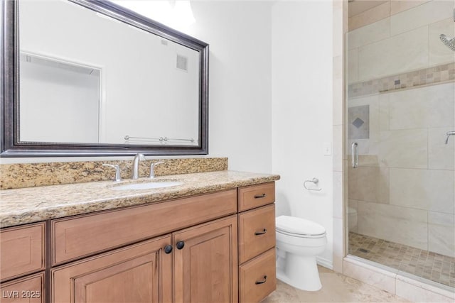 bathroom with vanity, toilet, visible vents, and a stall shower