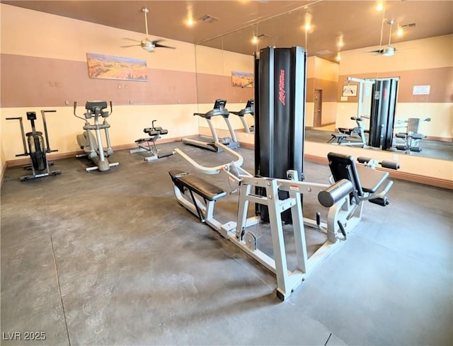 gym featuring visible vents, baseboards, and a ceiling fan