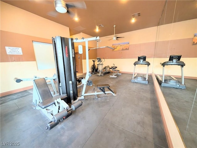 gym featuring visible vents, baseboards, and a ceiling fan