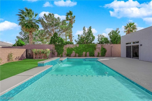 view of swimming pool featuring a patio, a fenced backyard, and a fenced in pool