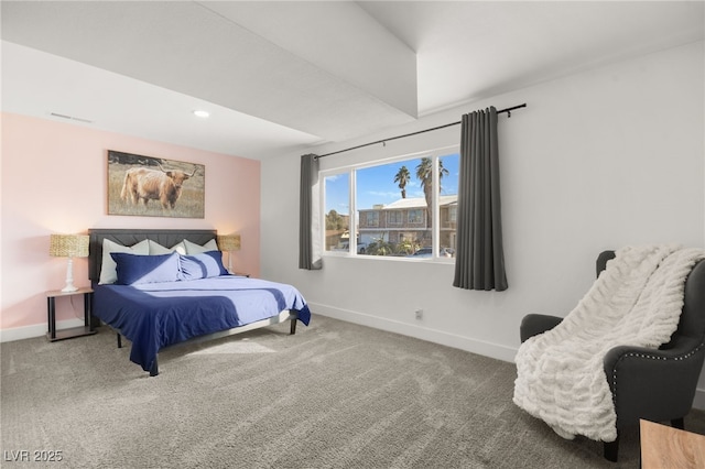 bedroom with carpet, visible vents, baseboards, and recessed lighting