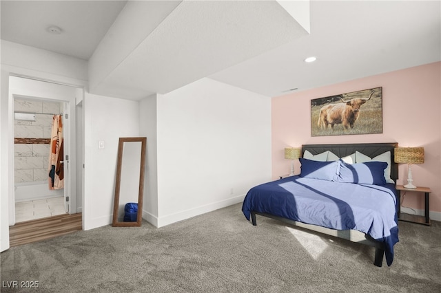 carpeted bedroom featuring recessed lighting and baseboards