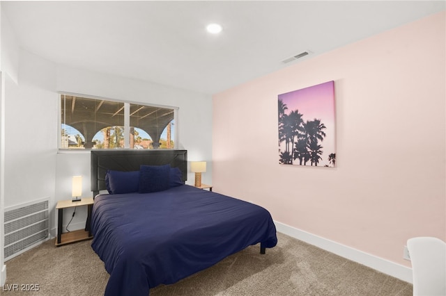 carpeted bedroom with recessed lighting, visible vents, and baseboards