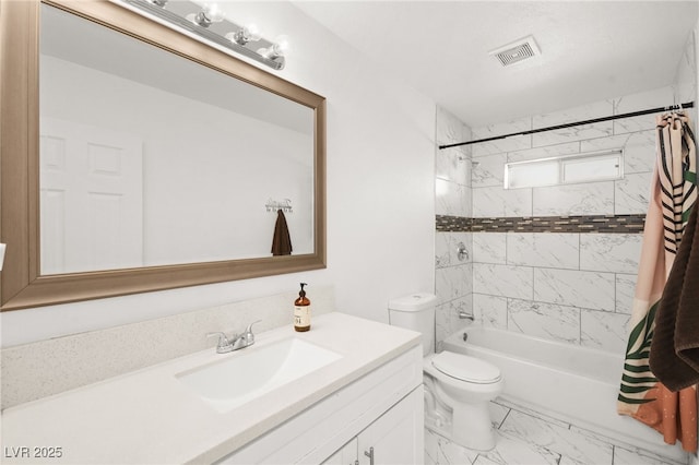 bathroom featuring visible vents, toilet, marble finish floor, shower / bath combination with curtain, and vanity