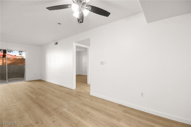 unfurnished room with light wood-type flooring, visible vents, ceiling fan, and baseboards