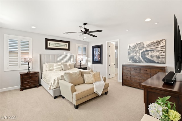 bedroom with visible vents, baseboards, a ceiling fan, light colored carpet, and recessed lighting