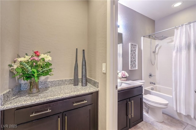 bathroom featuring toilet, shower / bathtub combination with curtain, tile patterned flooring, and vanity