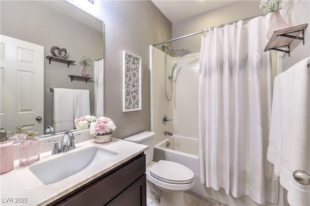 bathroom featuring toilet, shower / bath combination with curtain, and vanity