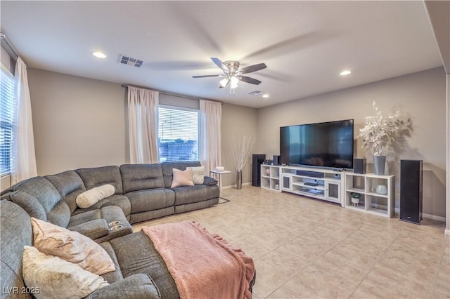 tiled living area with ceiling fan, recessed lighting, visible vents, and baseboards