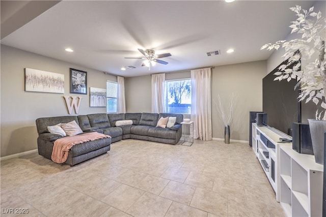 living area with baseboards, visible vents, ceiling fan, and recessed lighting