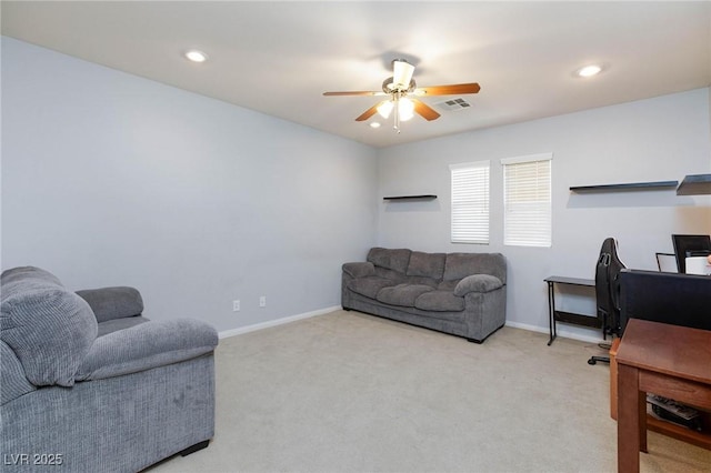 living area featuring carpet floors, recessed lighting, visible vents, a ceiling fan, and baseboards