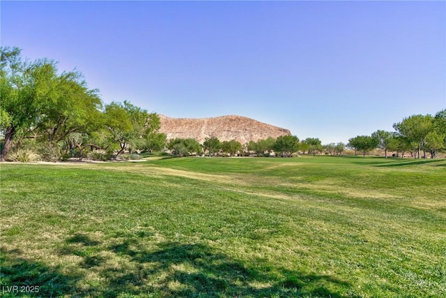 view of home's community with a mountain view and a yard