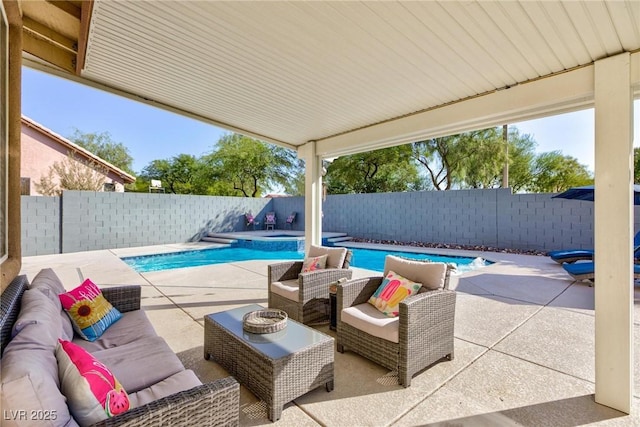 view of patio featuring a fenced backyard, outdoor lounge area, and a fenced in pool