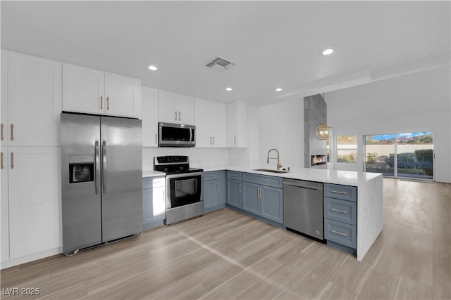 kitchen with visible vents, appliances with stainless steel finishes, a peninsula, white cabinetry, and a sink