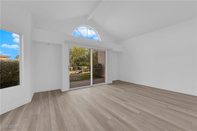 unfurnished room featuring high vaulted ceiling, beamed ceiling, baseboards, and wood finished floors