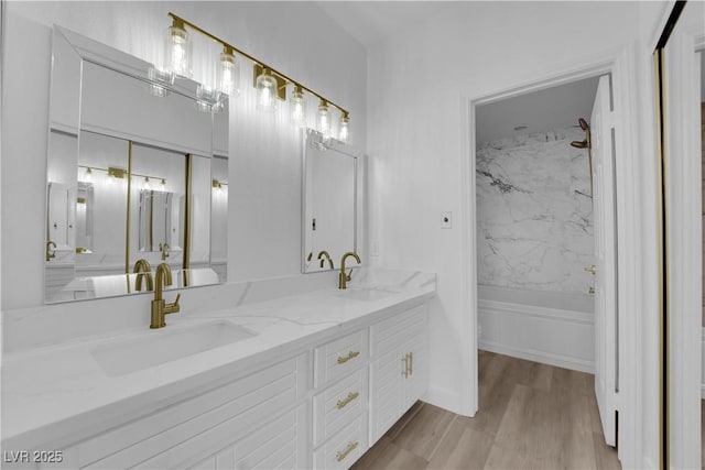 bathroom featuring wood finished floors, a sink, bathing tub / shower combination, and double vanity