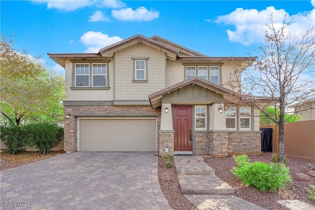 craftsman inspired home featuring an attached garage, stone siding, decorative driveway, and stucco siding