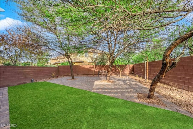 view of yard featuring a patio and a fenced backyard