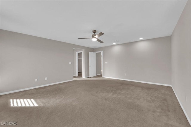 carpeted empty room with ceiling fan, recessed lighting, and baseboards