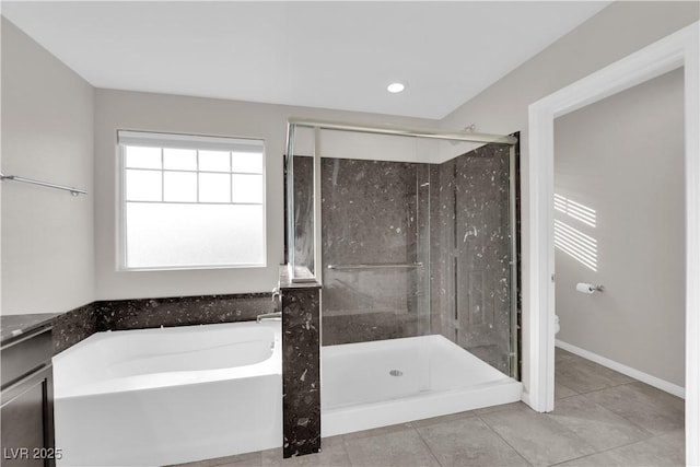 bathroom featuring a garden tub, tile patterned flooring, a shower stall, and toilet