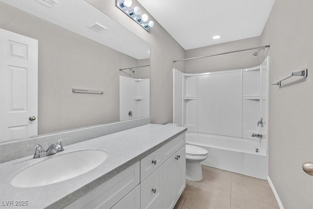 full bath featuring baseboards, bathing tub / shower combination, toilet, tile patterned floors, and vanity