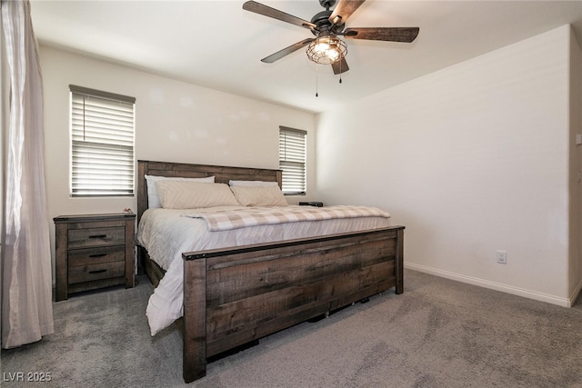 bedroom featuring carpet, baseboards, and a ceiling fan