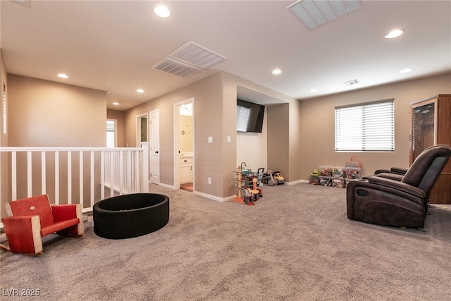 game room with carpet floors, baseboards, visible vents, and recessed lighting