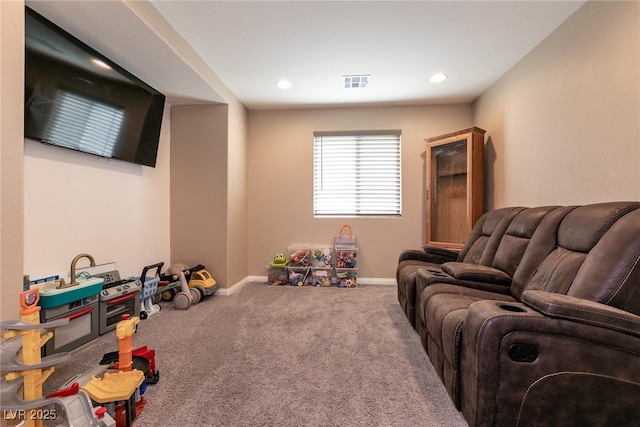 game room with recessed lighting, carpet flooring, visible vents, and baseboards