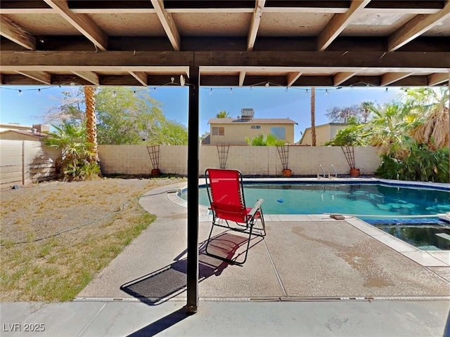 view of pool with a fenced backyard, a fenced in pool, and a patio