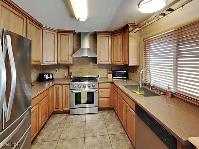 kitchen featuring wall chimney exhaust hood, appliances with stainless steel finishes, a sink, backsplash, and light tile patterned flooring