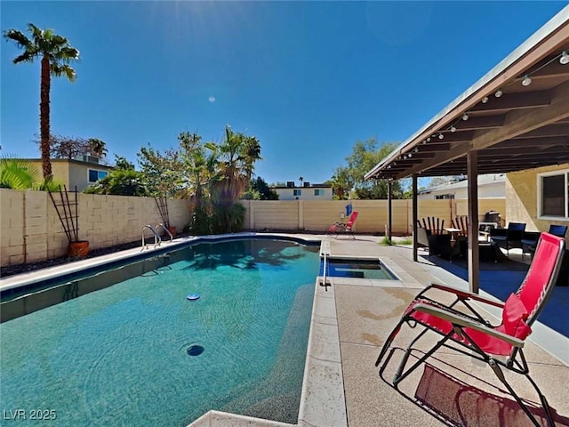 view of pool with a fenced backyard, a fenced in pool, and a patio