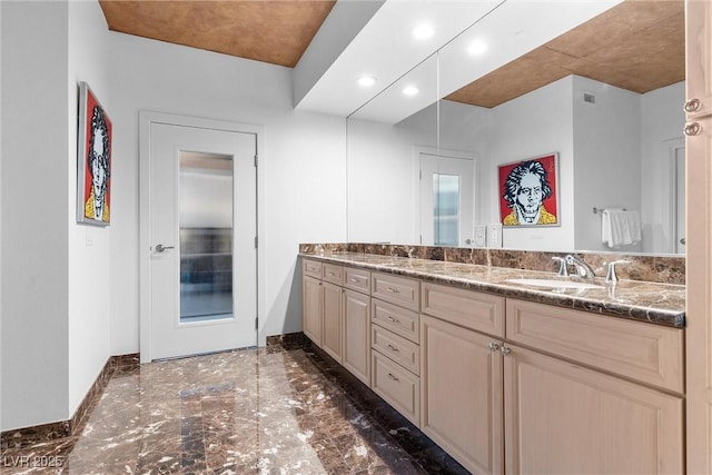 bathroom with visible vents, marble finish floor, vanity, and baseboards