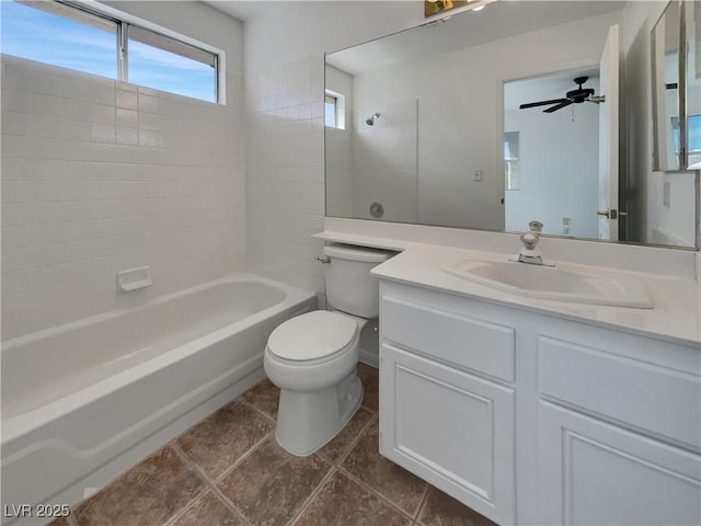 full bathroom featuring shower / bath combination, ceiling fan, vanity, and toilet