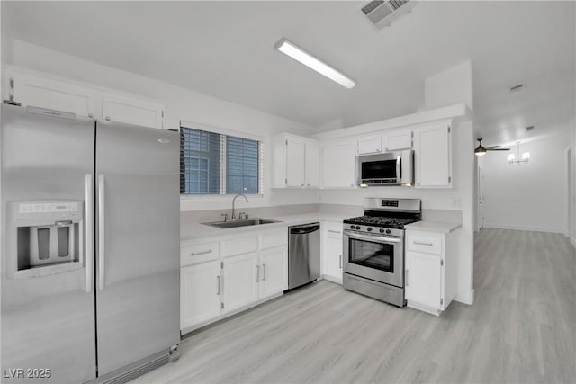 kitchen with stainless steel appliances, light countertops, a sink, and white cabinetry