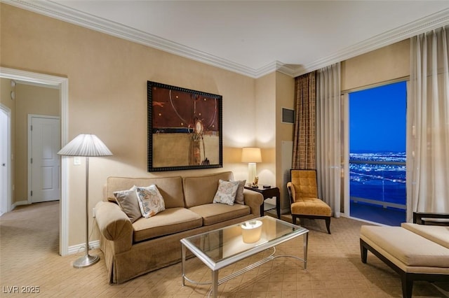 living area featuring visible vents, crown molding, and baseboards