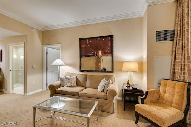 living room featuring ornamental molding, visible vents, baseboards, and wood finished floors