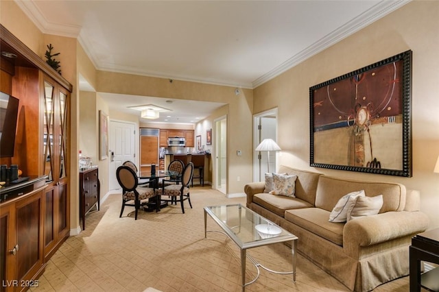 living area featuring baseboards and ornamental molding