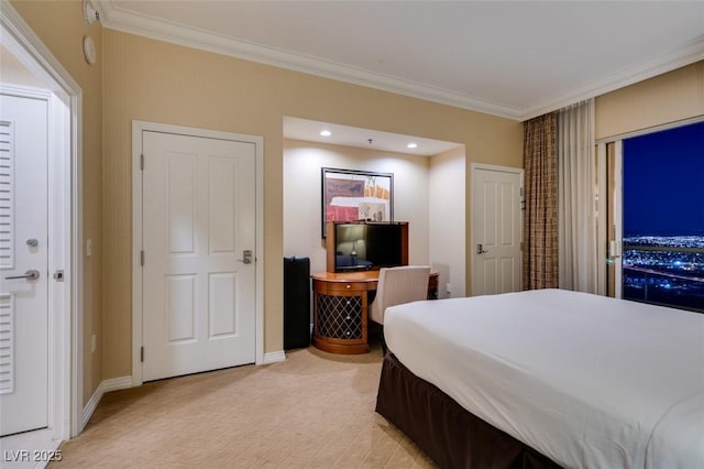 bedroom featuring ornamental molding, recessed lighting, and baseboards