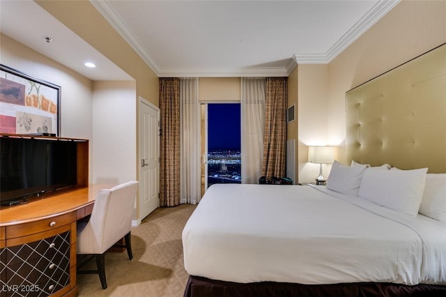 bedroom with visible vents, crown molding, and carpet flooring