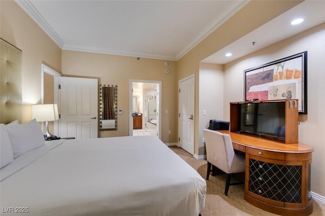 bedroom featuring ornamental molding, recessed lighting, and baseboards