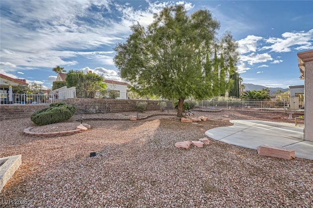 view of yard with a patio area, fence, and a mountain view