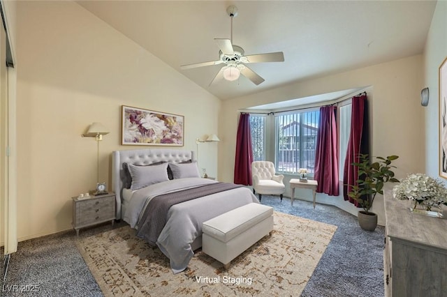 bedroom featuring carpet floors, vaulted ceiling, and ceiling fan