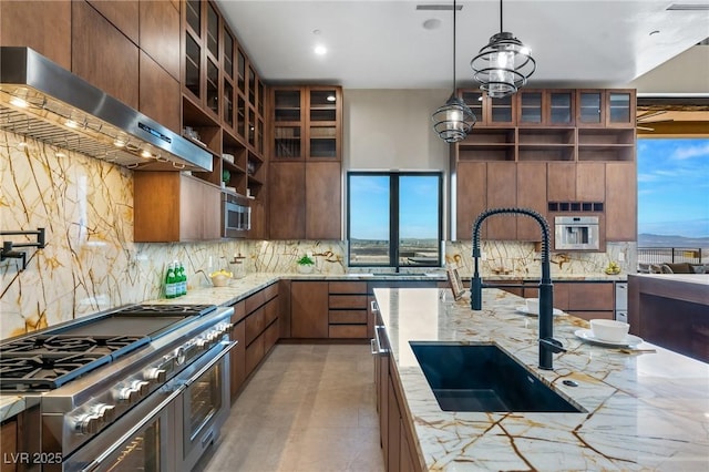 kitchen featuring ventilation hood, a sink, backsplash, open shelves, and appliances with stainless steel finishes