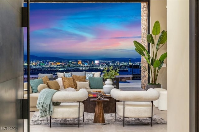 interior space with a city view