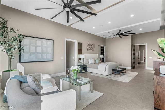 bedroom with baseboards, recessed lighting, and beam ceiling