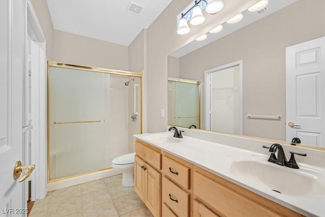 bathroom featuring tile patterned flooring, visible vents, a sink, and a shower stall